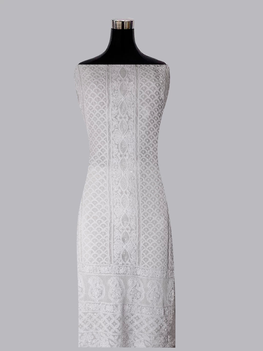 Ada Hand Embroidered Ivory White Pure Georgette Lucknowi Chikankari Unstitched Kurta Dupatta Set With Pearl Work 01A392586