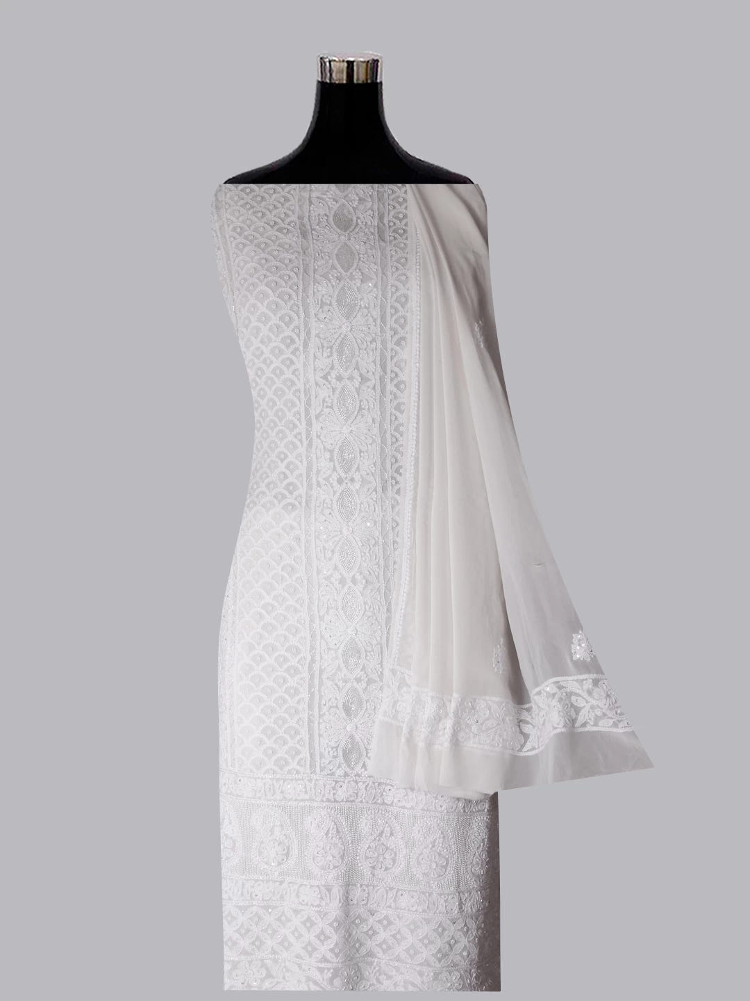 Ada Hand Embroidered Ivory White Pure Georgette Lucknowi Chikankari Unstitched Kurta Dupatta Set With Pearl Work 01A392586