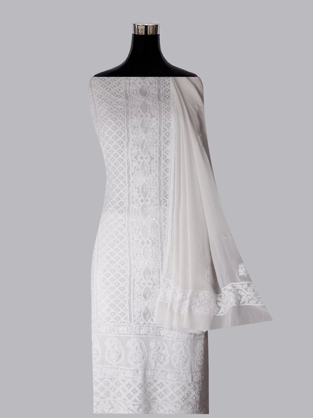 Ada Hand Embroidered Ivory White Pure Georgette Lucknowi Chikankari Unstitched Kurta Dupatta Set With Pearl Work 01A392586