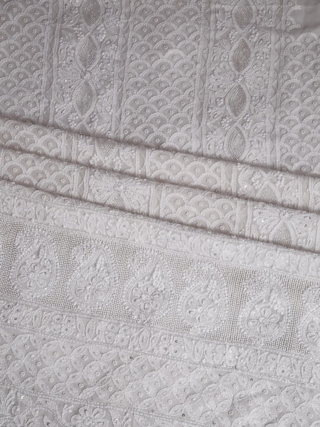 Ada Hand Embroidered Ivory White Pure Georgette Lucknowi Chikankari Unstitched Kurta Dupatta Set With Pearl Work 01A392586