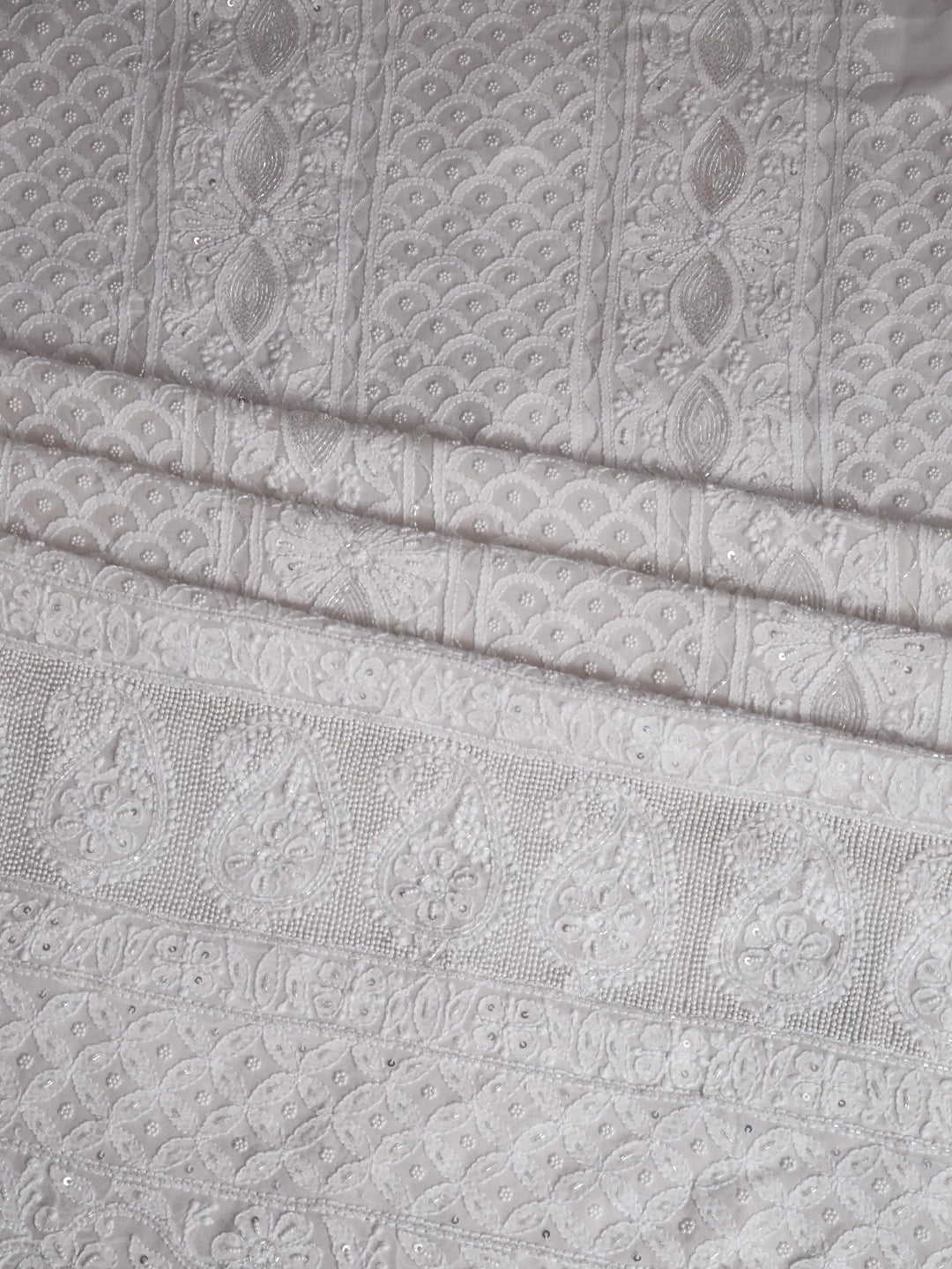 Ada Hand Embroidered Ivory White Pure Georgette Lucknowi Chikankari Unstitched Kurta Dupatta Set With Pearl Work 01A392586