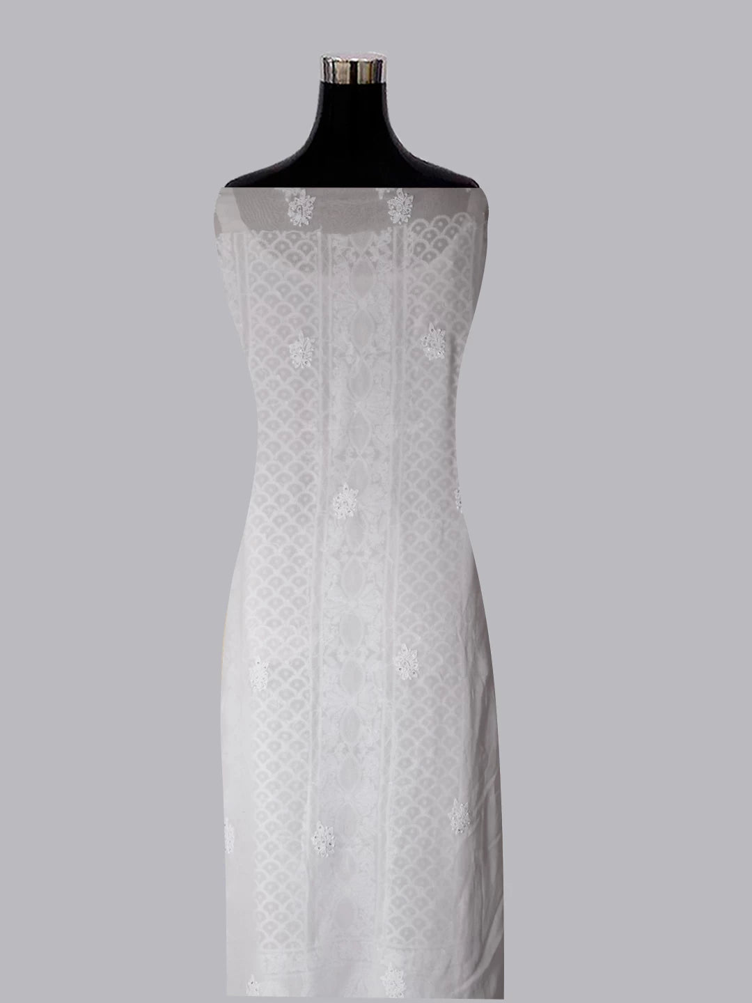 Ada Hand Embroidered Ivory White Pure Georgette Lucknowi Chikankari Unstitched Kurta Dupatta Set With Pearl Work 01A392586
