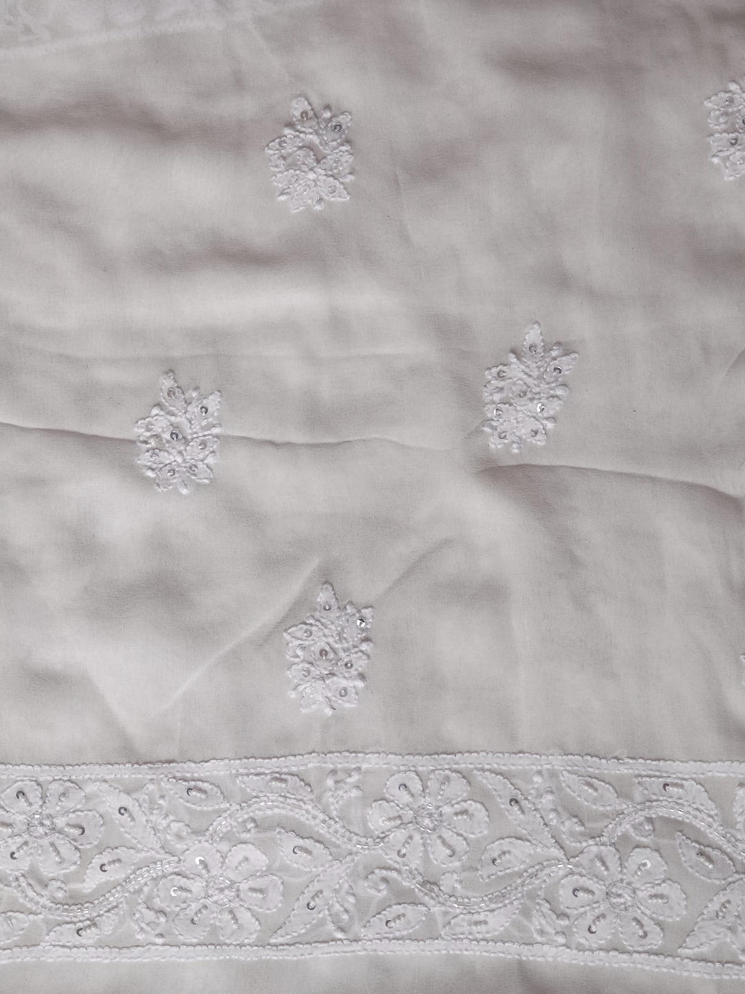 Ada Hand Embroidered Ivory White Pure Georgette Lucknowi Chikankari Unstitched Kurta Dupatta Set With Pearl Work 01A392586