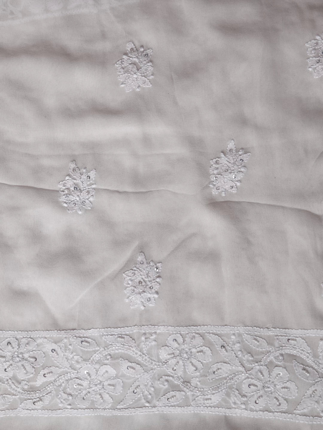 Ada Hand Embroidered Ivory White Pure Georgette Lucknowi Chikankari Unstitched Kurta Dupatta Set With Pearl Work 01A392586