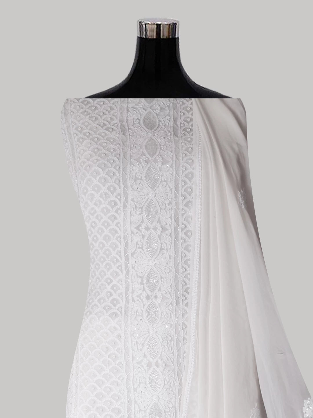 Ada Hand Embroidered Ivory White Pure Georgette Lucknowi Chikankari Unstitched Kurta Dupatta Set With Pearl Work 01A392586