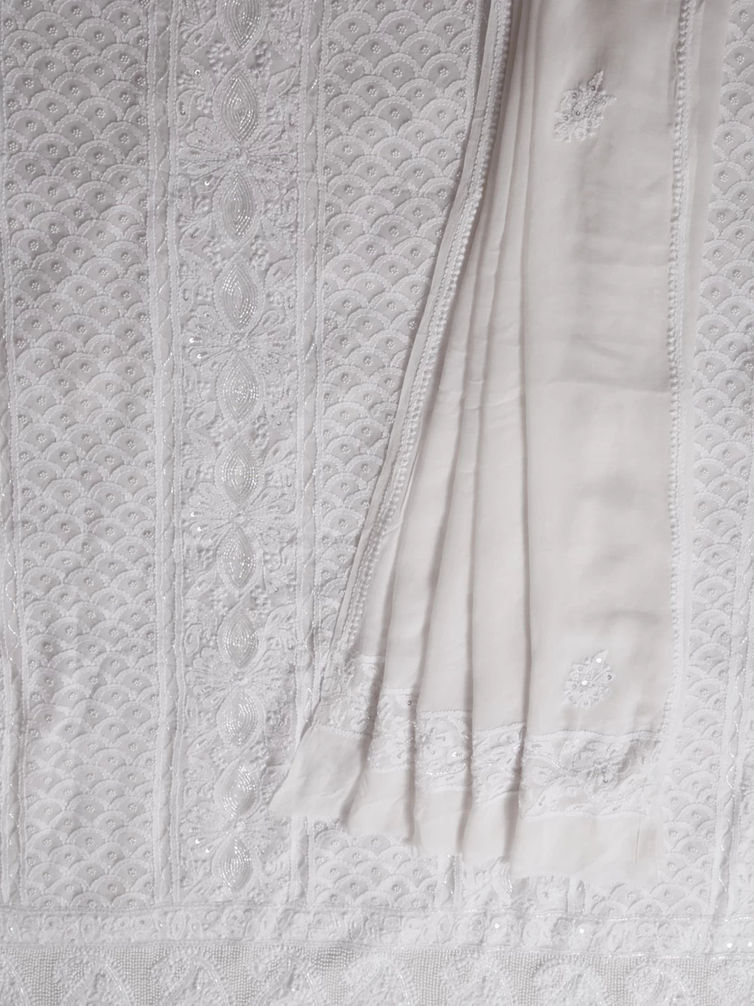 Ada Hand Embroidered Ivory White Pure Georgette Lucknowi Chikankari Unstitched Kurta Dupatta Set With Pearl Work 01A392586