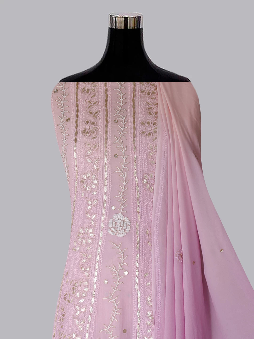 Ada Hand Embroidered Pink Ombre Shade Georgette Lucknowi Chikankari Semi-Stitched Anarkali Kurta Dupatta Set With Pearl Work 01A359942