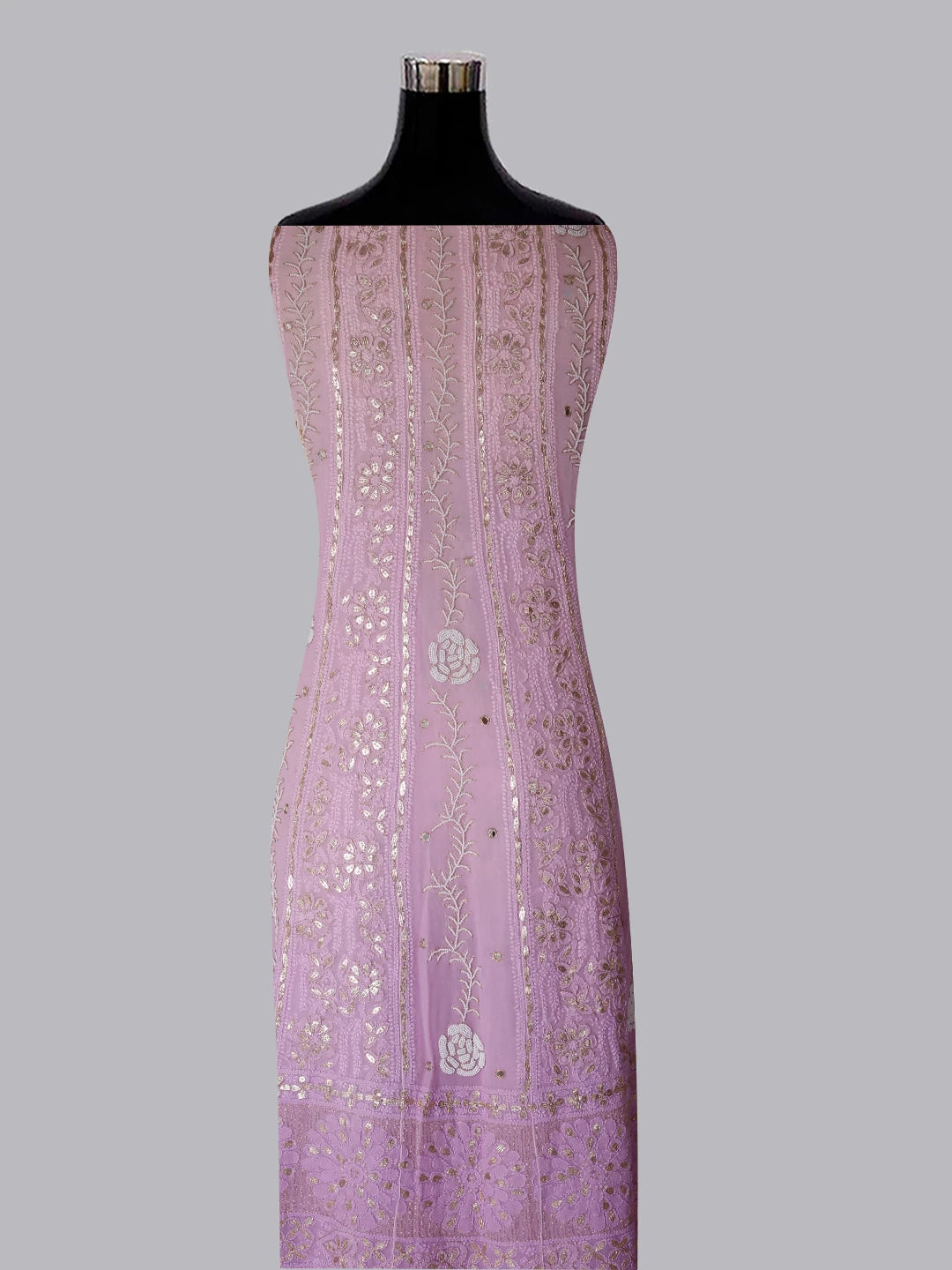 Ada Hand Embroidered Pink Ombre Shade Georgette Lucknowi Chikankari Semi-Stitched Anarkali Kurta Dupatta Set With Pearl Work 01A359942