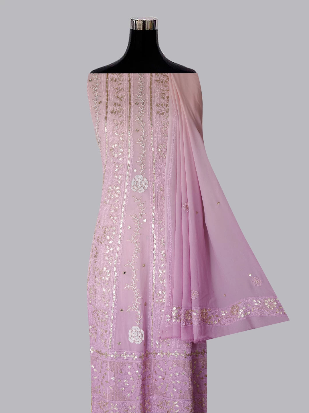 Ada Hand Embroidered Pink Ombre Shade Georgette Lucknowi Chikankari Semi-Stitched Anarkali Kurta Dupatta Set With Pearl Work 01A359942