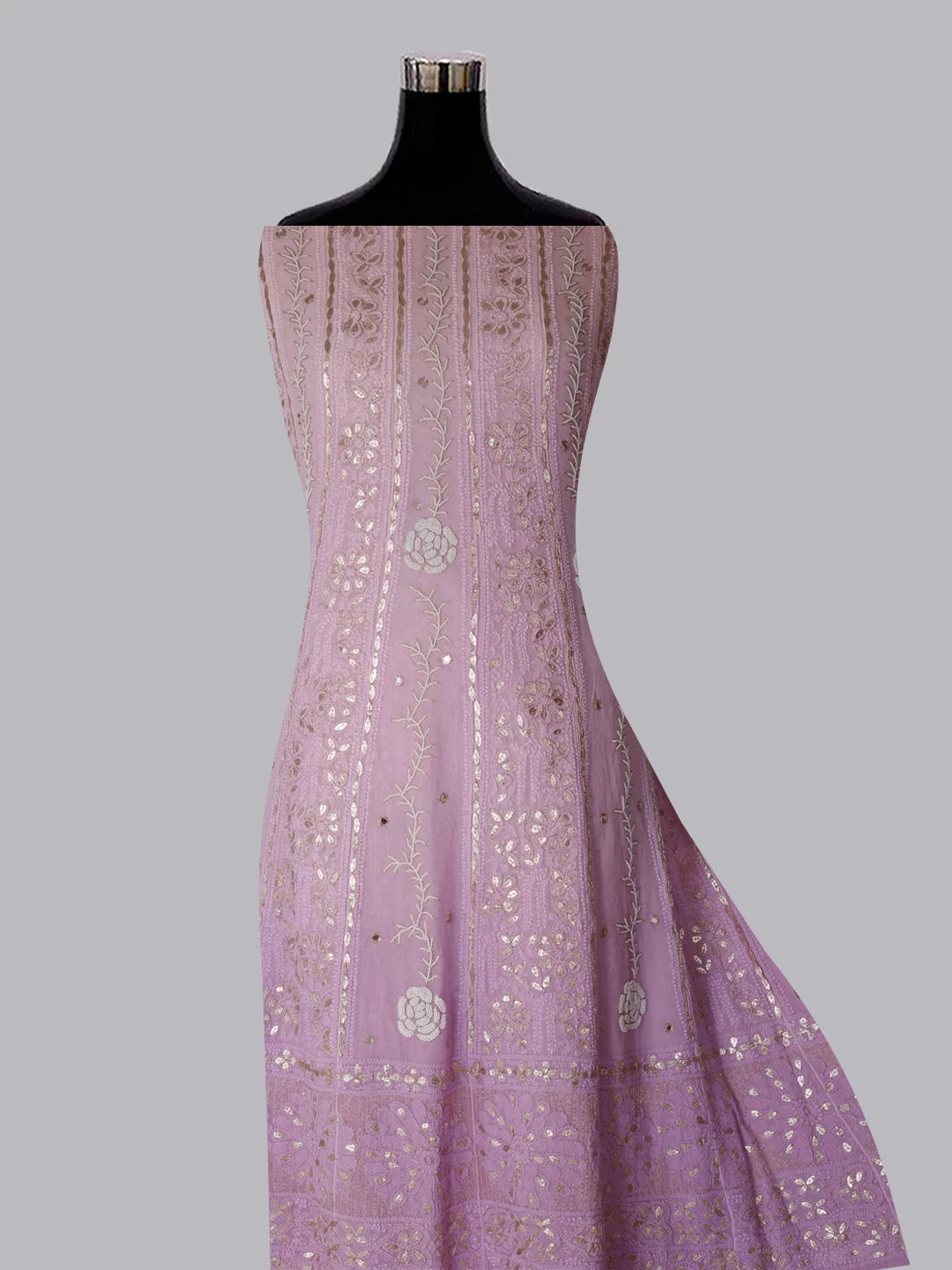 Ada Hand Embroidered Pink Ombre Shade Georgette Lucknowi Chikankari Semi-Stitched Anarkali Kurta Dupatta Set With Pearl Work 01A359942