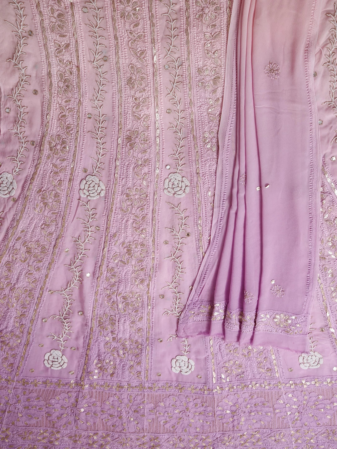 Ada Hand Embroidered Pink Ombre Shade Georgette Lucknowi Chikankari Semi-Stitched Anarkali Kurta Dupatta Set With Pearl Work 01A359942