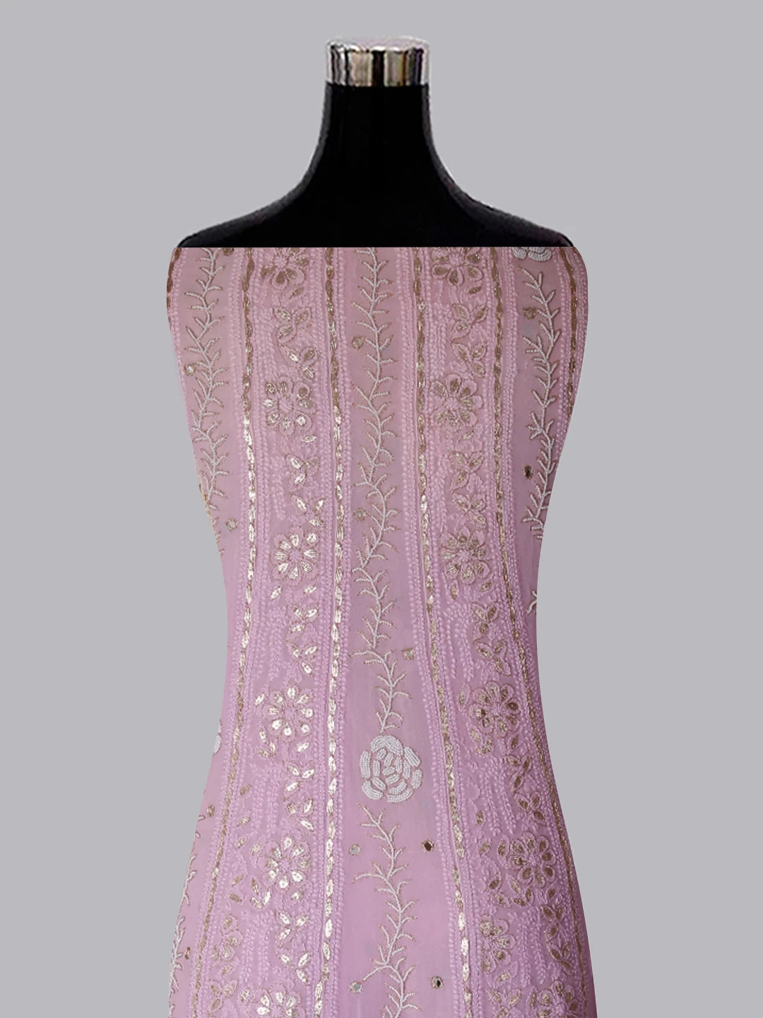 Ada Hand Embroidered Pink Ombre Shade Georgette Lucknowi Chikankari Semi-Stitched Anarkali Kurta Dupatta Set With Pearl Work 01A359942