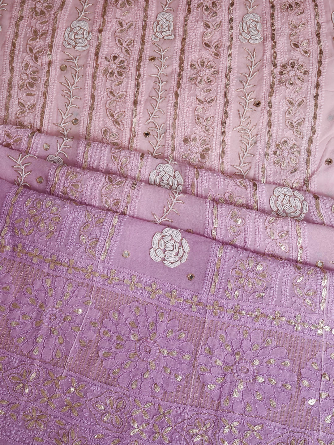 Ada Hand Embroidered Pink Ombre Shade Georgette Lucknowi Chikankari Semi-Stitched Anarkali Kurta Dupatta Set With Pearl Work 01A359942