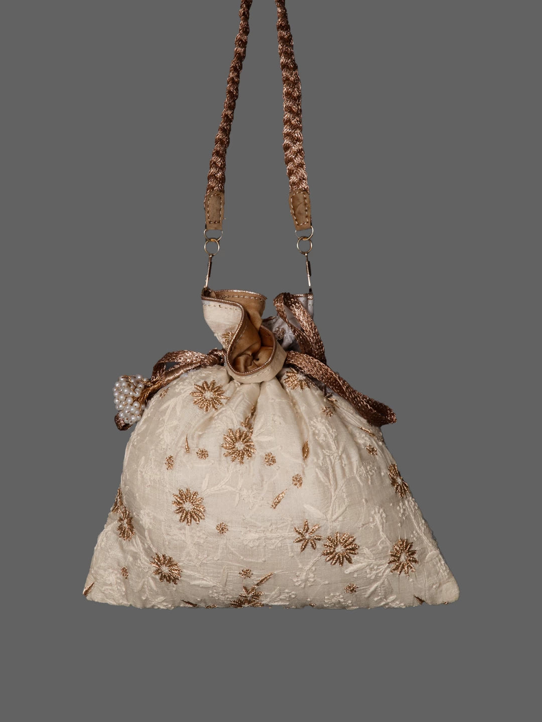 Ada Hand Embroidered Pearl White Silk Lucknowi Chikankari Potli Bag With Zari Work 01A436578