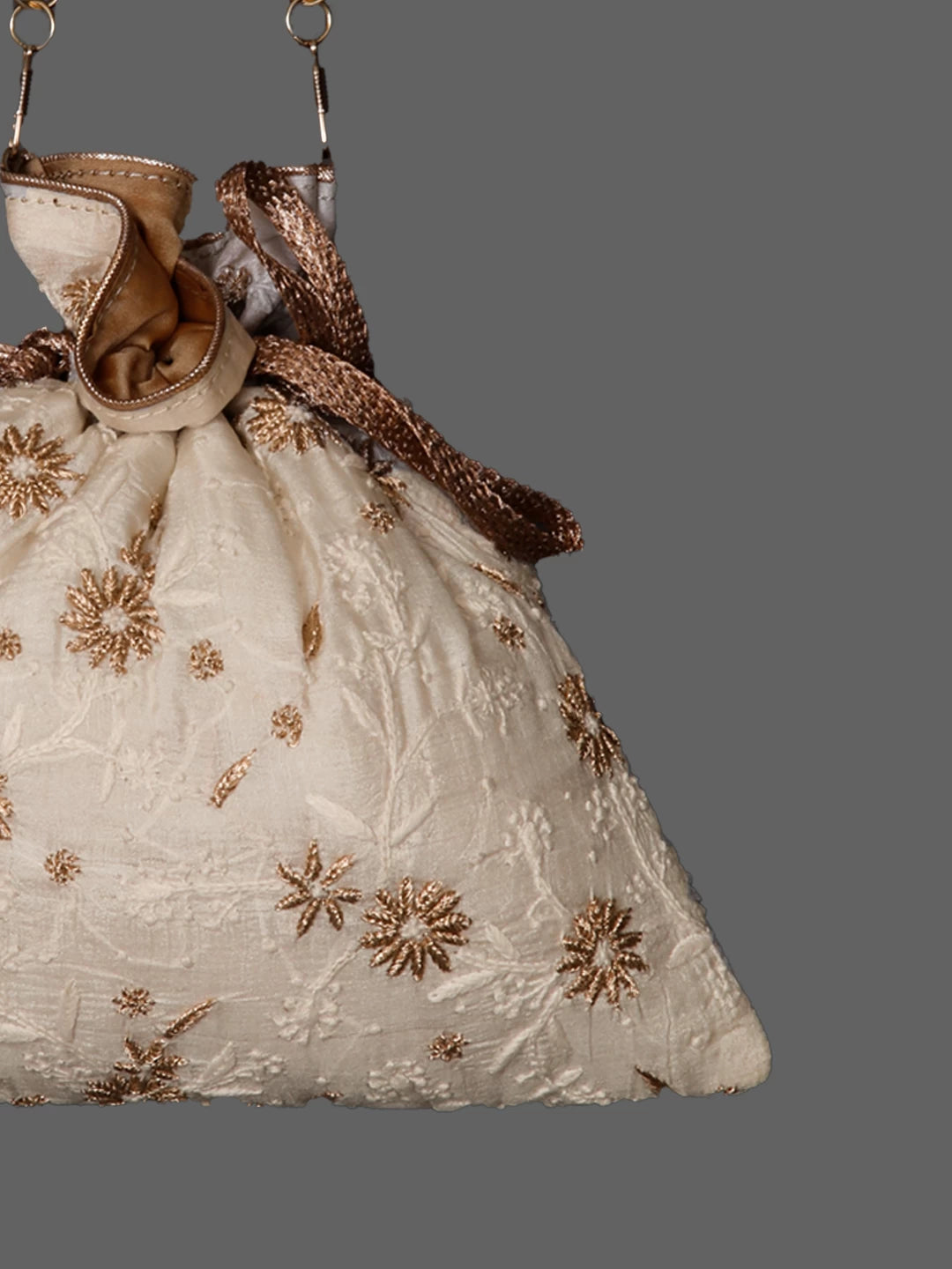 Ada Hand Embroidered Pearl White Silk Lucknowi Chikankari Potli Bag With Zari Work 01A436578