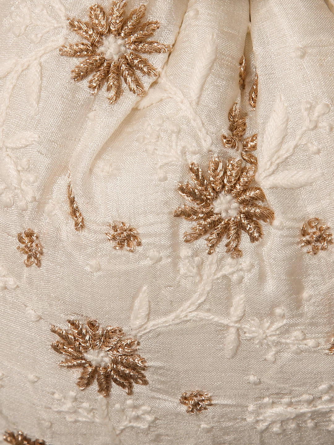 Ada Hand Embroidered Pearl White Silk Lucknowi Chikankari Potli Bag With Zari Work 01A436578