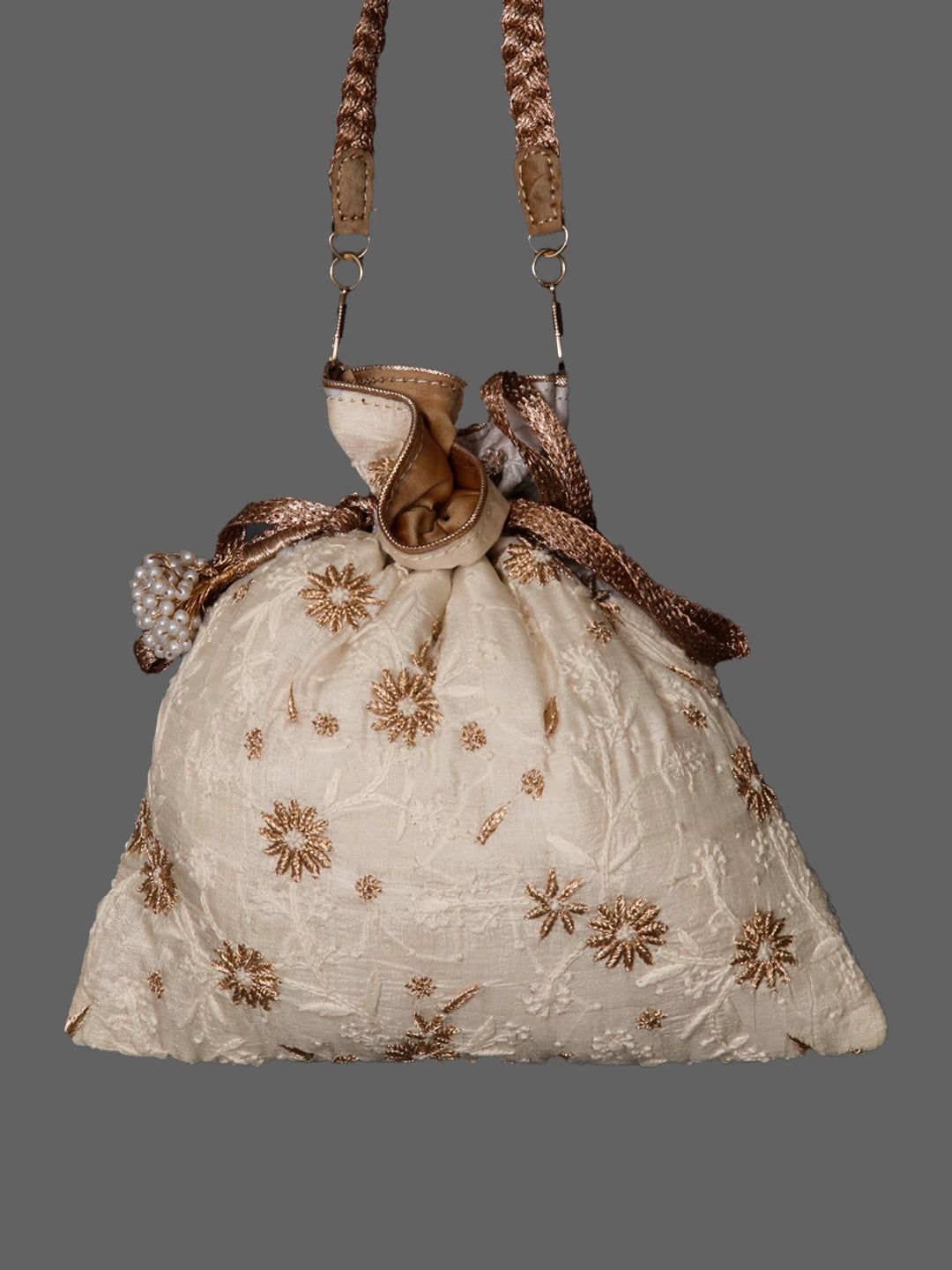 Ada Hand Embroidered Pearl White Silk Lucknowi Chikankari Potli Bag With Zari Work 01A436578