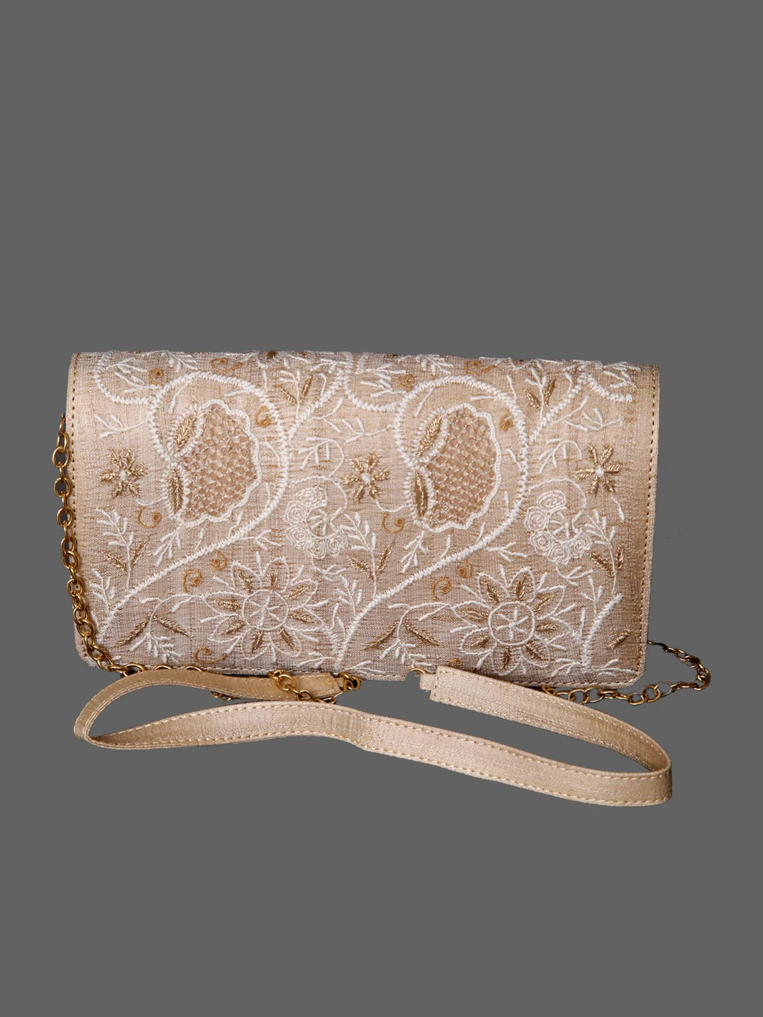 Ada Hand Embroidered Natural Fawn Silk Lucknowi Chikankari Clutch Handbag With Zari Work 01A433677