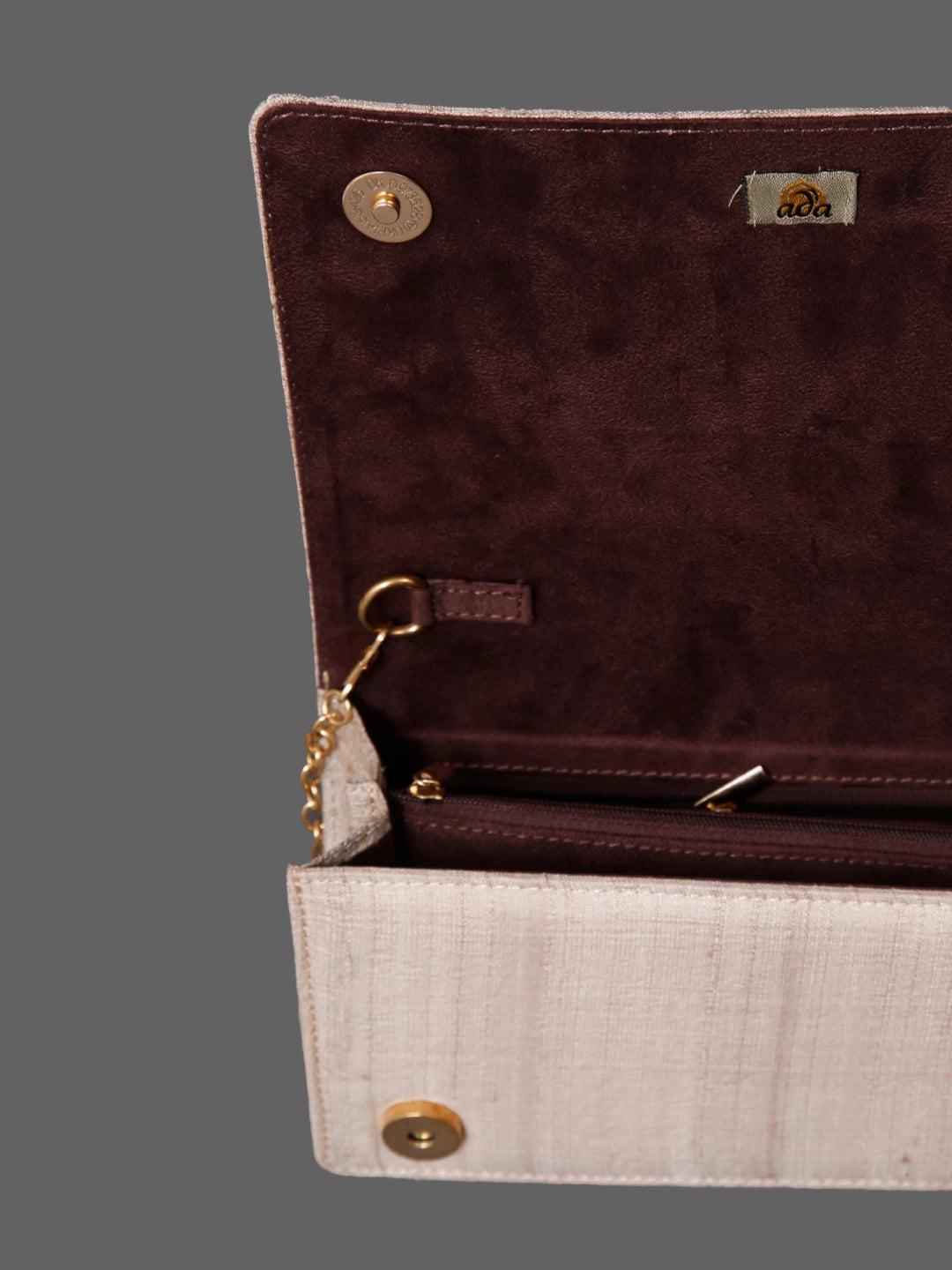 Ada Hand Embroidered Natural Fawn Silk Lucknowi Chikankari Clutch Handbag With Zari Work 01A433677