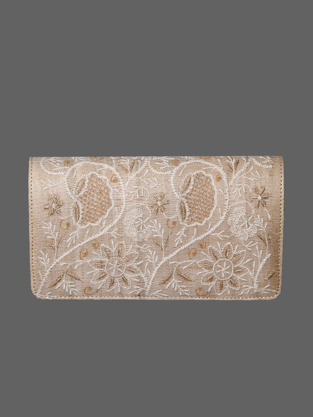 Ada Hand Embroidered Natural Fawn Silk Lucknowi Chikankari Clutch Handbag With Zari Work 01A433677
