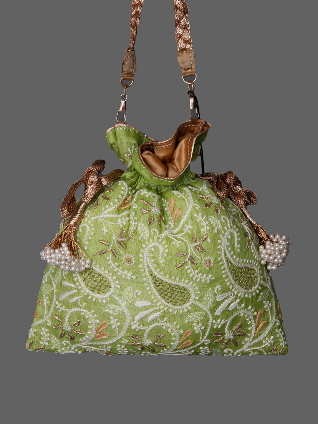 Ada Hand Embroidered Apple Green Silk Lucknowi Chikankari Potli Bag With Zari Work 01A398071