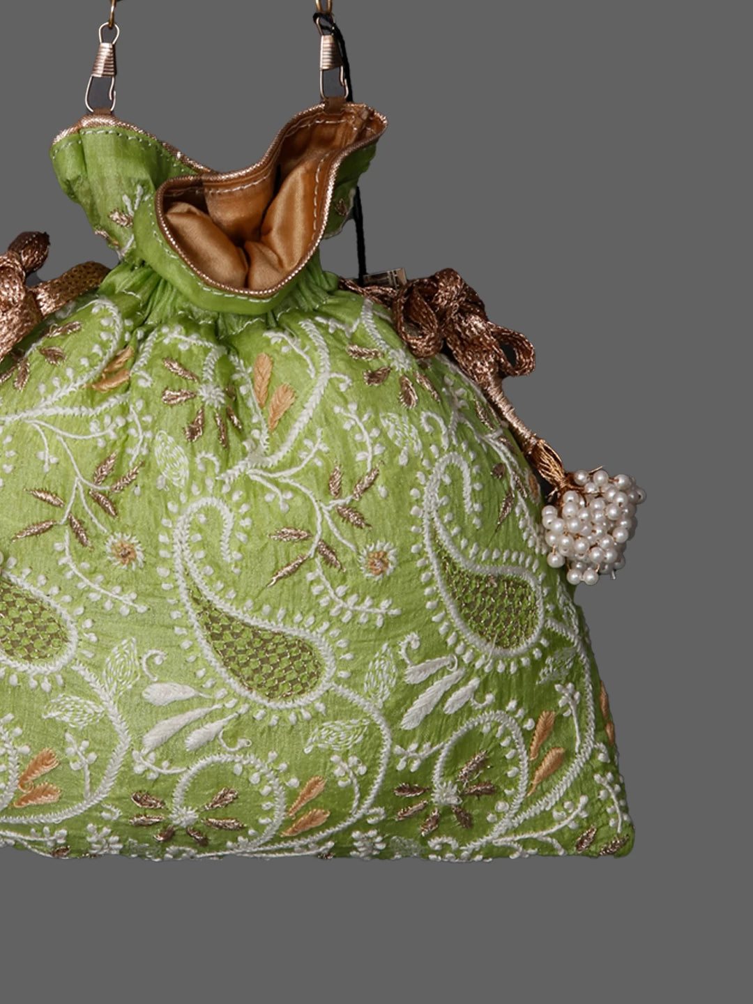 Ada Hand Embroidered Apple Green Silk Lucknowi Chikankari Potli Bag With Zari Work 01A398071