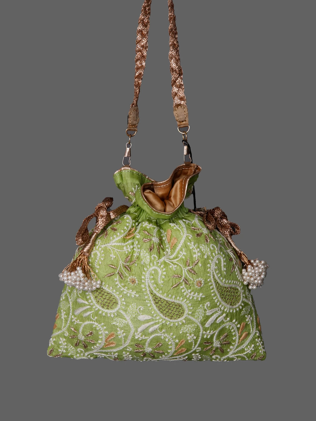 Ada Hand Embroidered Apple Green Silk Lucknowi Chikankari Potli Bag With Zari Work 01A398071