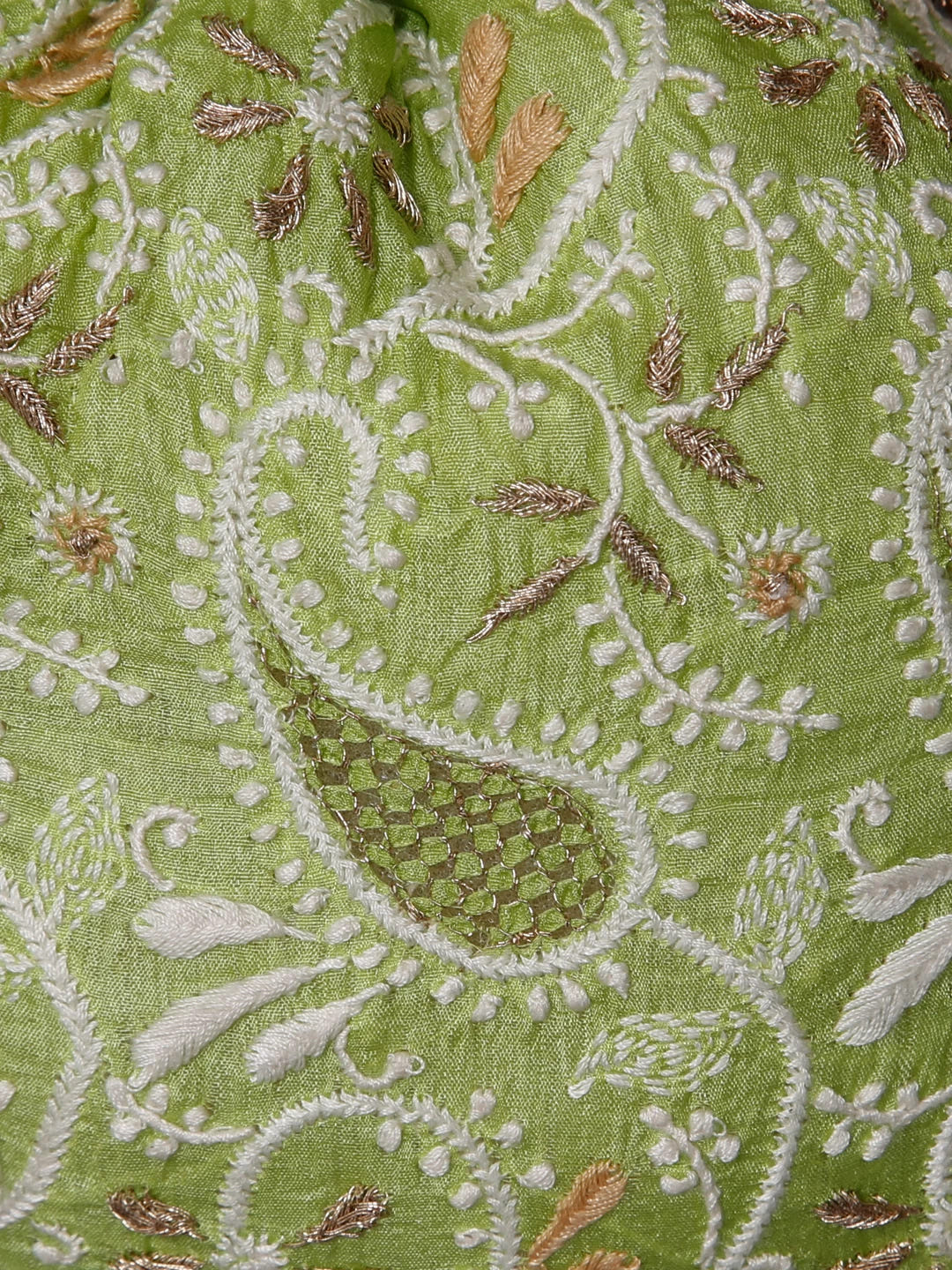 Ada Hand Embroidered Apple Green Silk Lucknowi Chikankari Potli Bag With Zari Work 01A398071