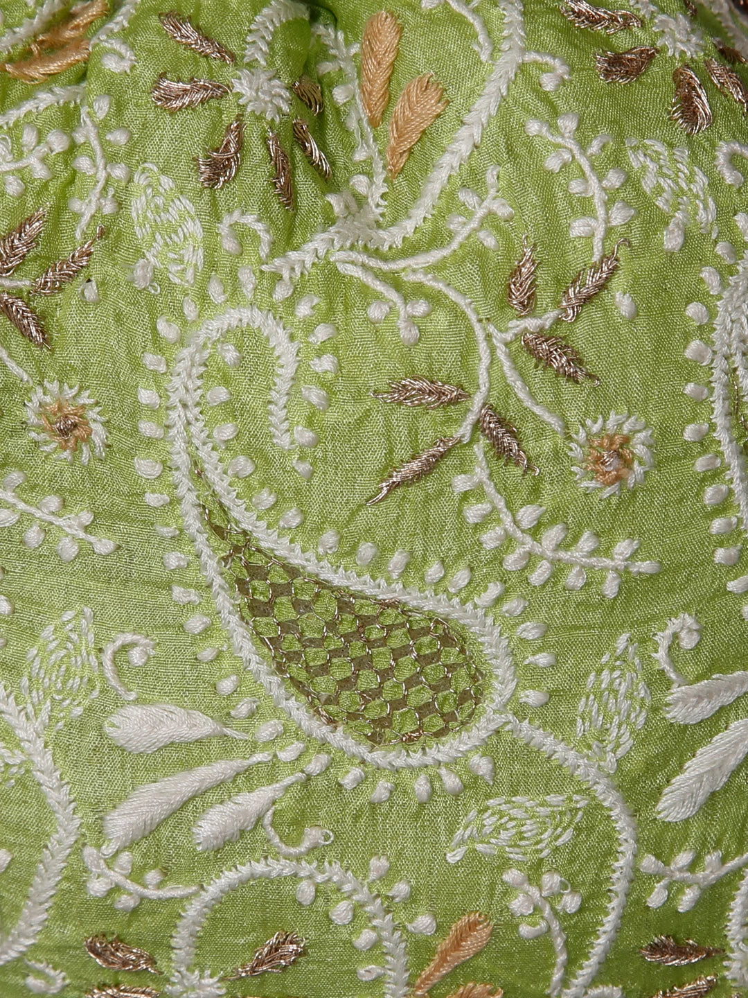 Ada Hand Embroidered Apple Green Silk Lucknowi Chikankari Potli Bag With Zari Work 01A398071