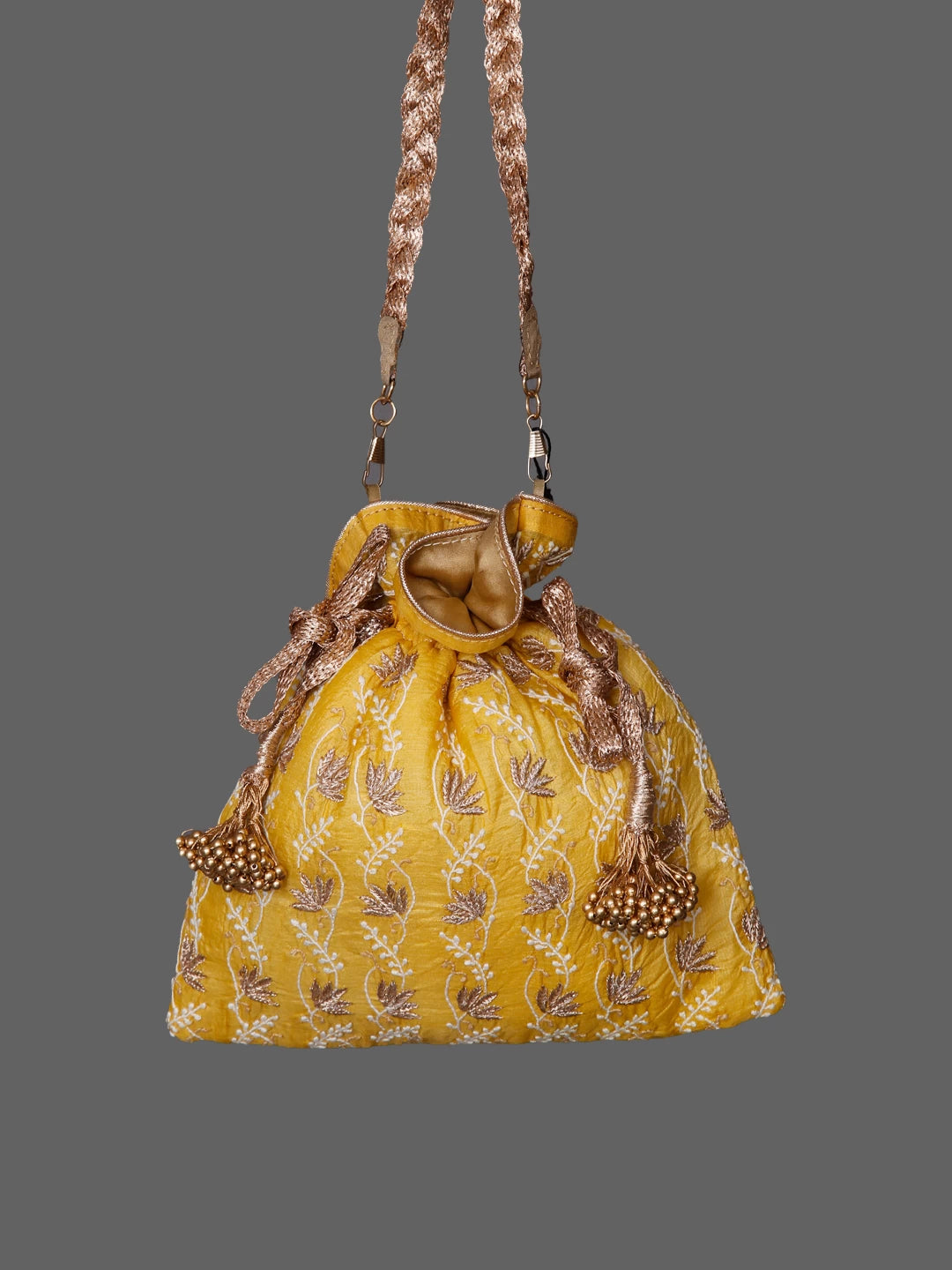 Ada Hand Embroidered Yellow Silk Lucknowi Chikankari Potli Bag With Zari Work 01A398066