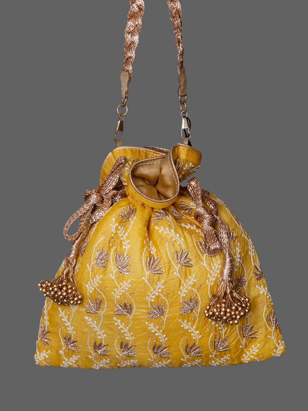 Ada Hand Embroidered Yellow Silk Lucknowi Chikankari Potli Bag With Zari Work 01A398066