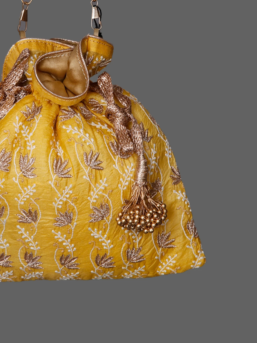 Ada Hand Embroidered Yellow Silk Lucknowi Chikankari Potli Bag With Zari Work 01A398066