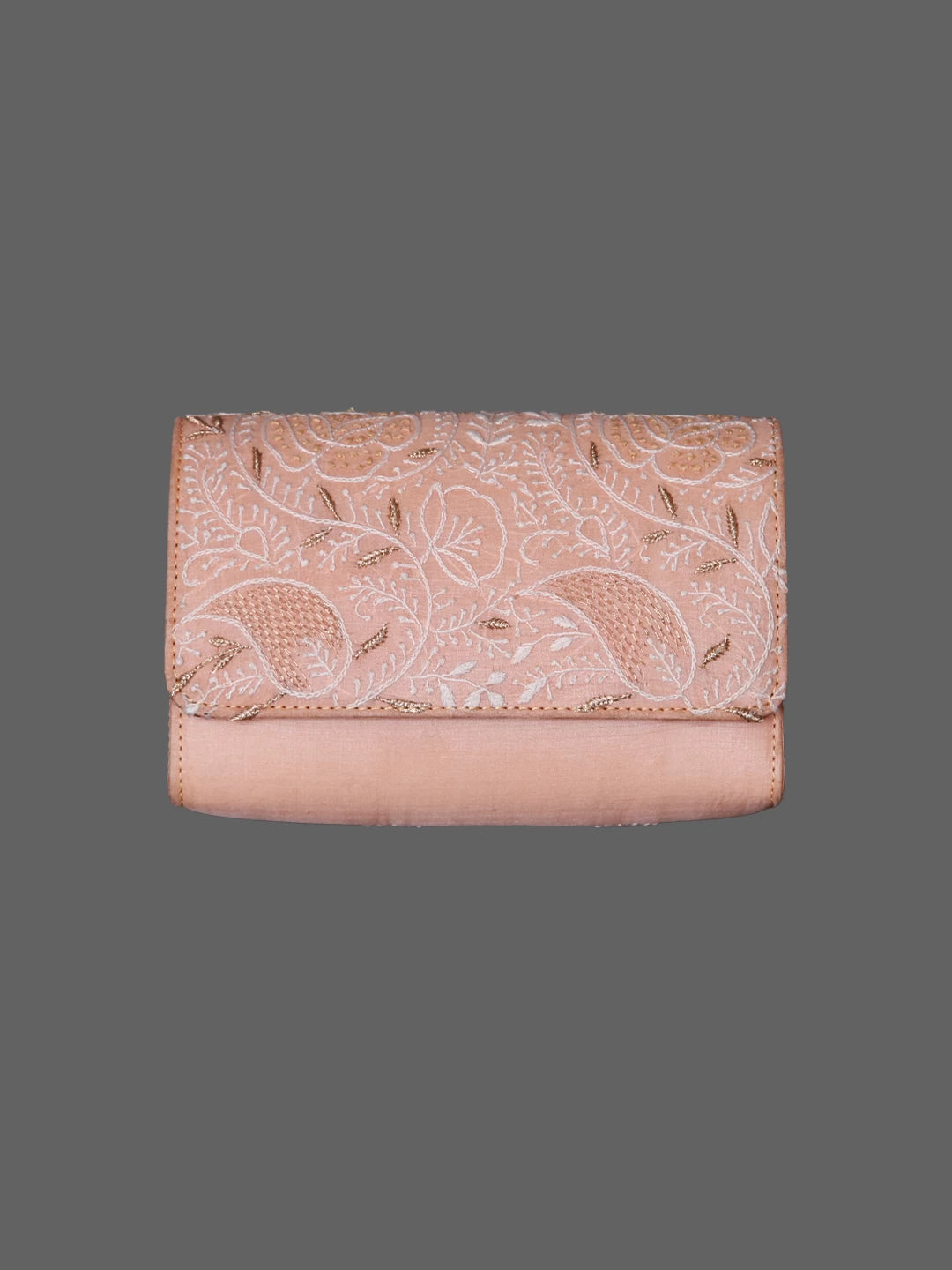 Ada Hand Embroidered Light Peach Silk Lucknowi Chikankari Clutch Handbag With Zari Work 01A350941