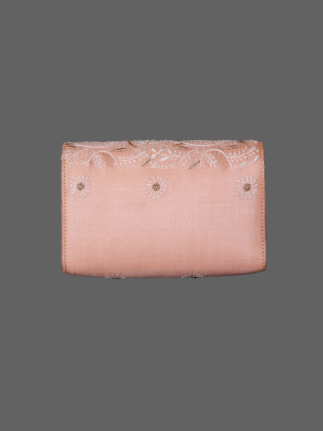 Ada Hand Embroidered Light Peach Silk Lucknowi Chikankari Clutch Handbag With Zari Work 01A350941