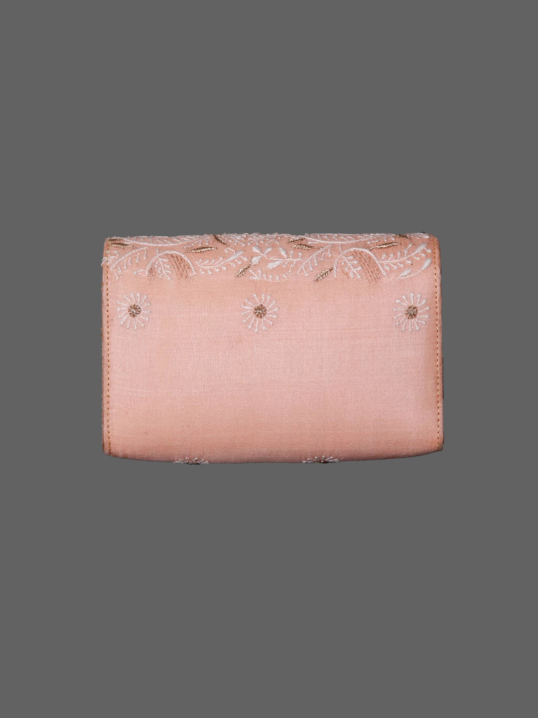 Ada Hand Embroidered Light Peach Silk Lucknowi Chikankari Clutch Handbag With Zari Work 01A350941