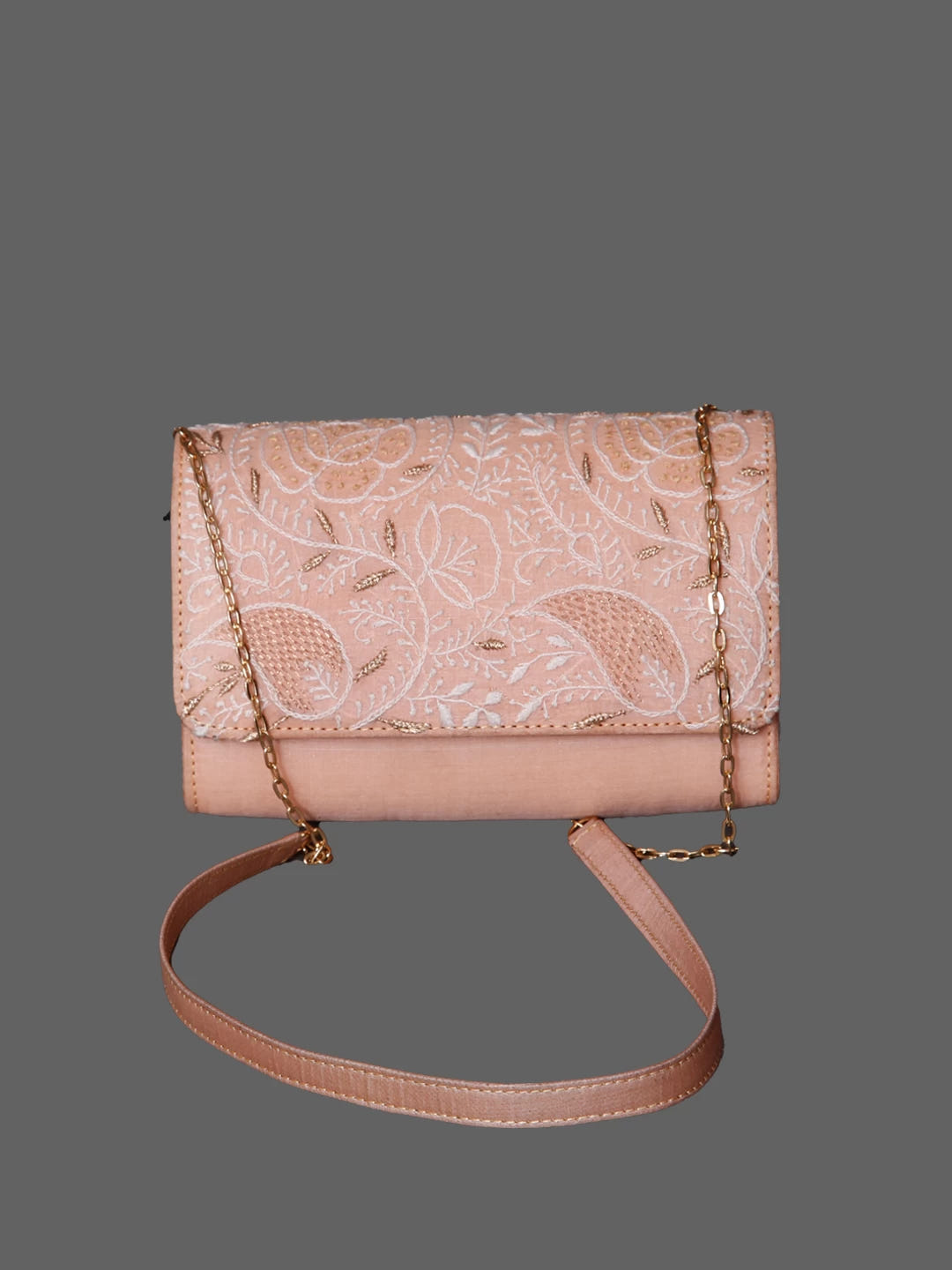 Ada Hand Embroidered Light Peach Silk Lucknowi Chikankari Clutch Handbag With Zari Work 01A350941