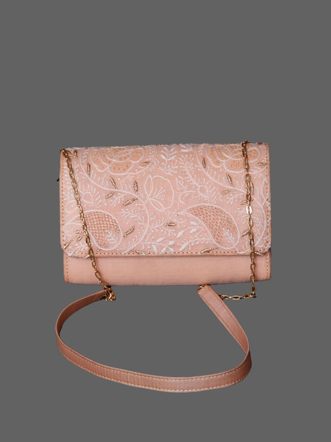 Ada Hand Embroidered Light Peach Silk Lucknowi Chikankari Clutch Handbag With Zari Work 01A350941