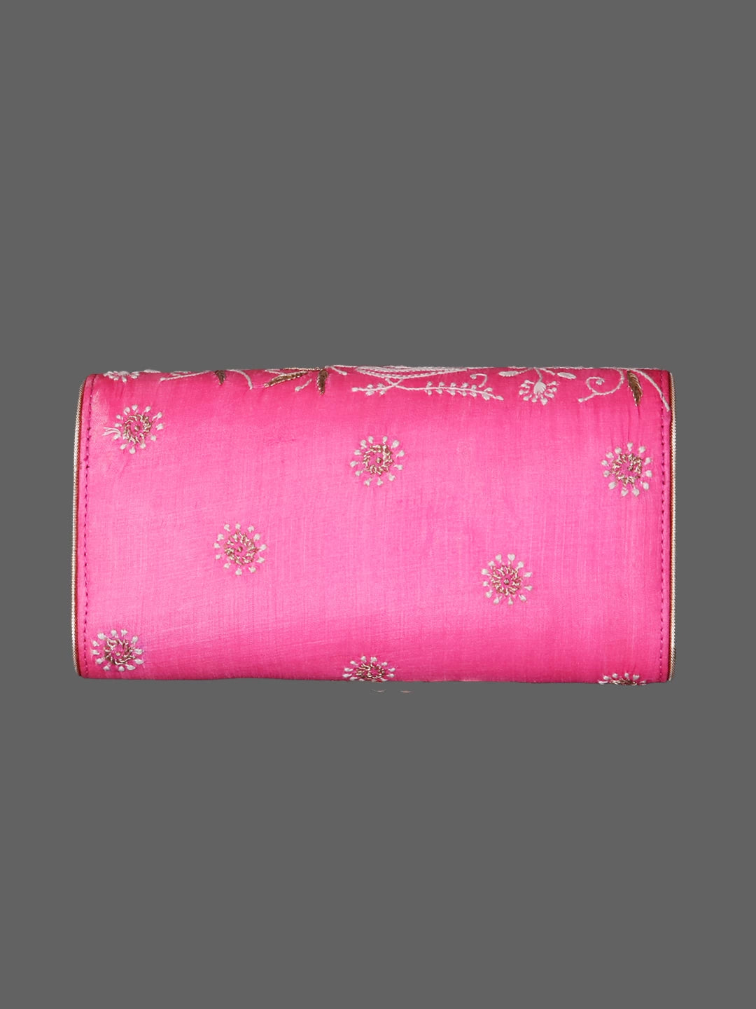 Ada Hand Embroidered Fuchsia Pink Silk Lucknowi Chikankari Clutch With Zari Work 01A206235