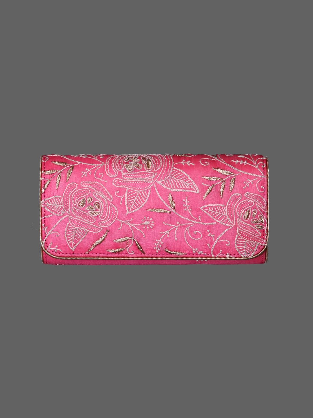 Ada Hand Embroidered Fuchsia Pink Silk Lucknowi Chikankari Clutch With Zari Work 01A206235