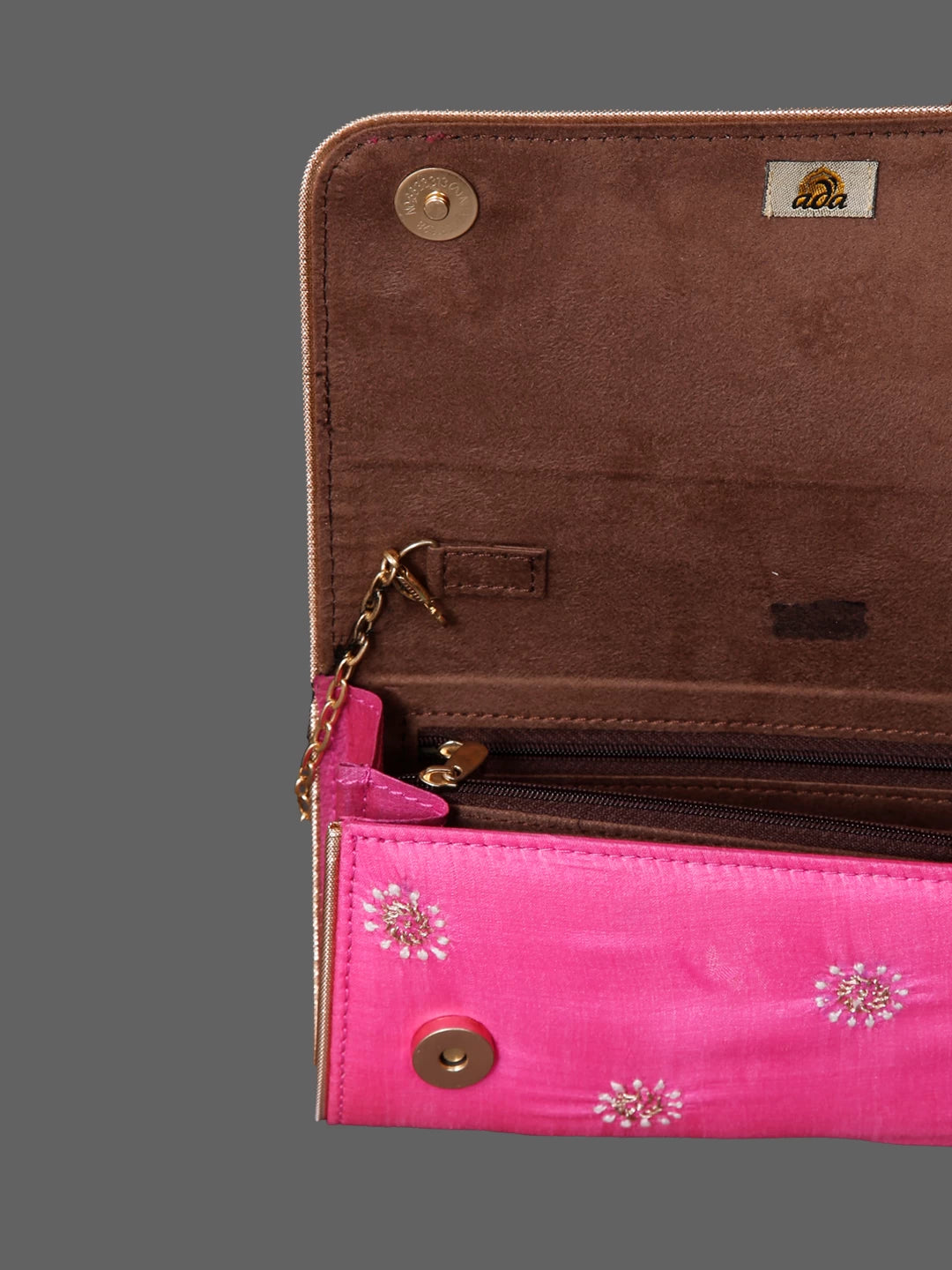 Ada Hand Embroidered Fuchsia Pink Silk Lucknowi Chikankari Clutch With Zari Work 01A206235