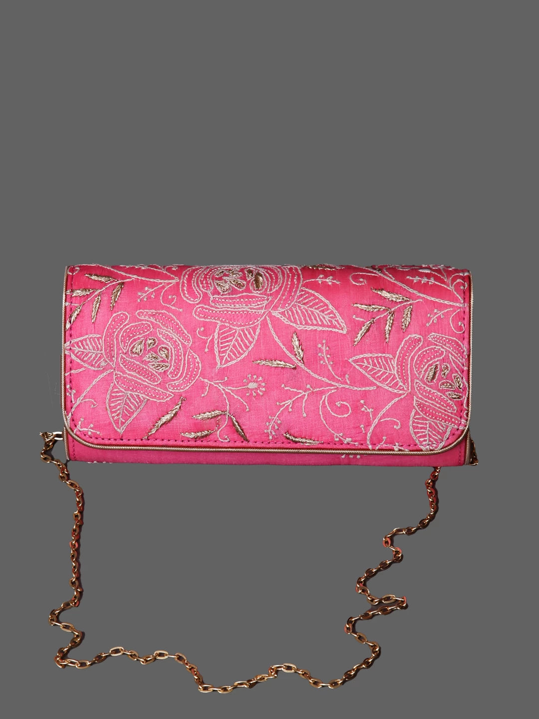Ada Hand Embroidered Fuchsia Pink Silk Lucknowi Chikankari Clutch With Zari Work 01A206235