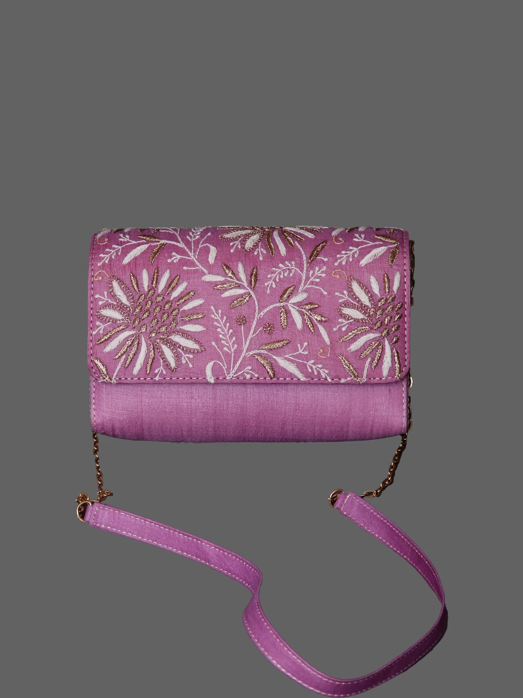 Ada Hand Embroidered Lavender Silk Lucknowi Chikankari Clutch With Zari Work 01A364072