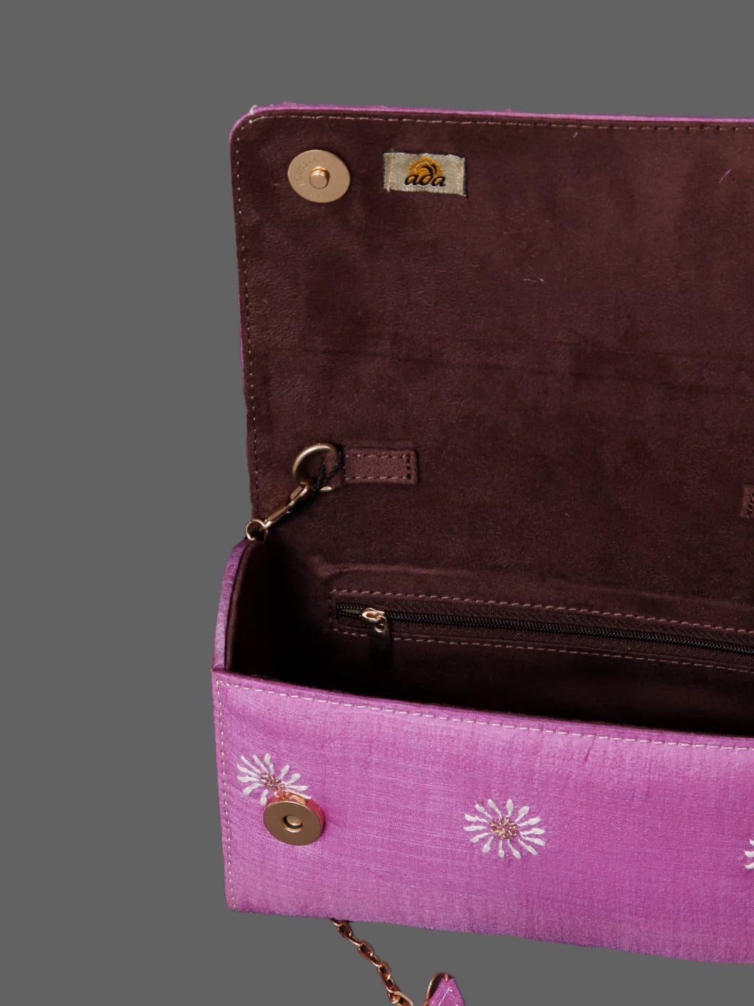 Ada Hand Embroidered Lavender Silk Lucknowi Chikankari Clutch With Zari Work 01A364072