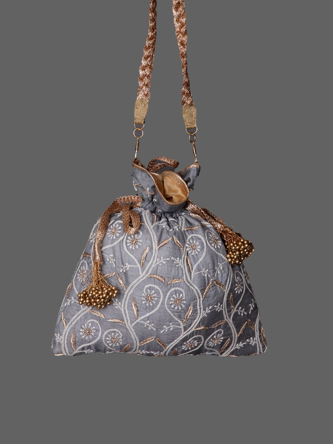 Ada Hand Embroidered Grey Silk Lucknowi Chikankari Potli Bag With Zari Work 01A436581