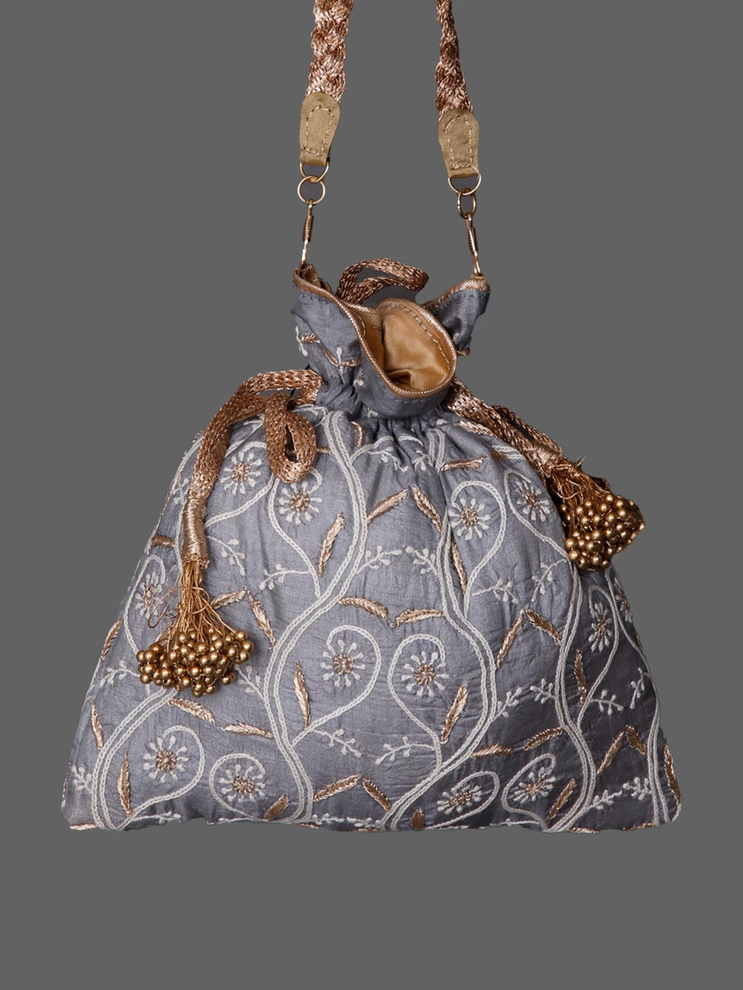 Ada Hand Embroidered Grey Silk Lucknowi Chikankari Potli Bag With Zari Work 01A436581