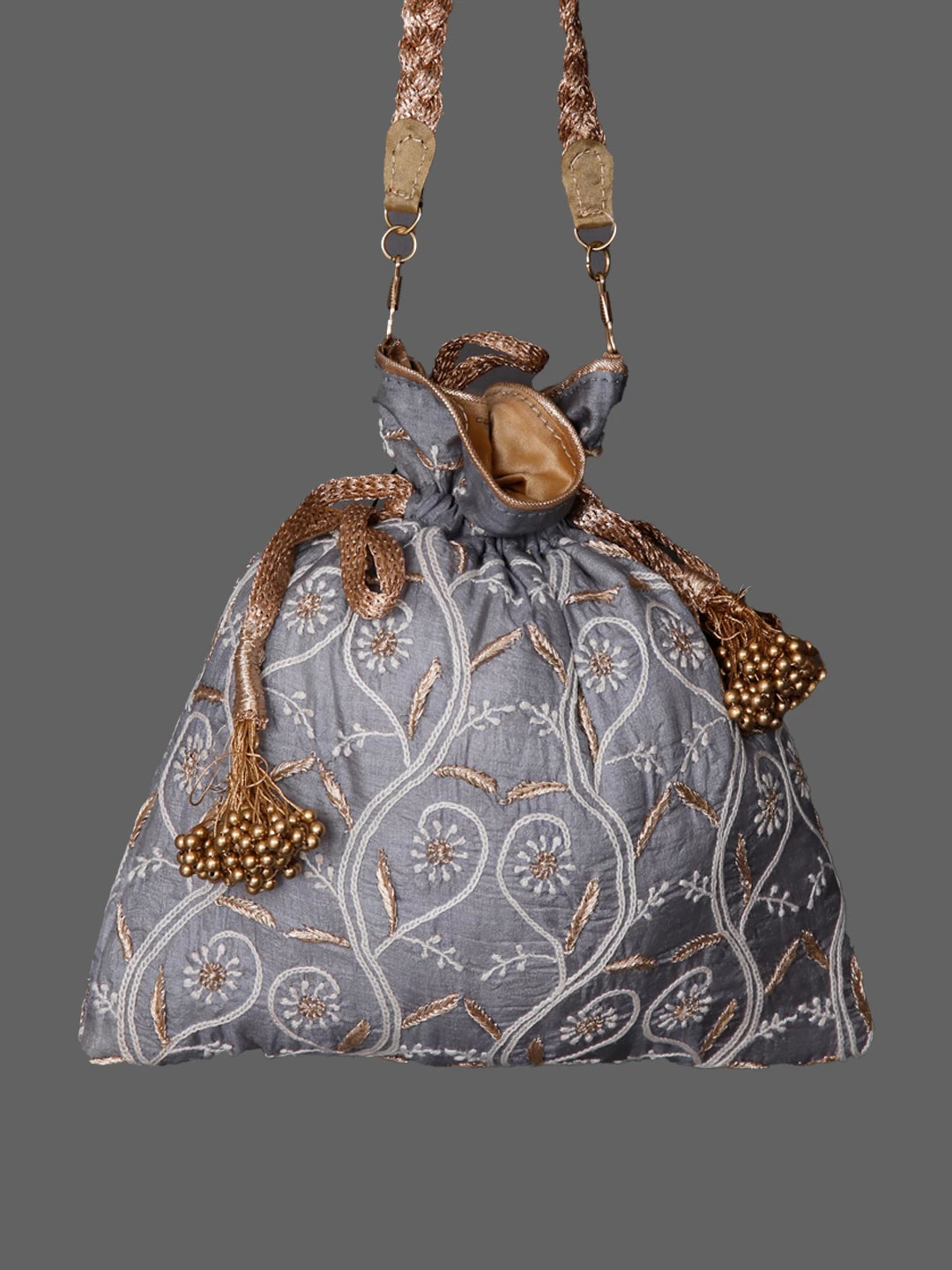 Ada Hand Embroidered Grey Silk Lucknowi Chikankari Potli Bag With Zari Work 01A436581