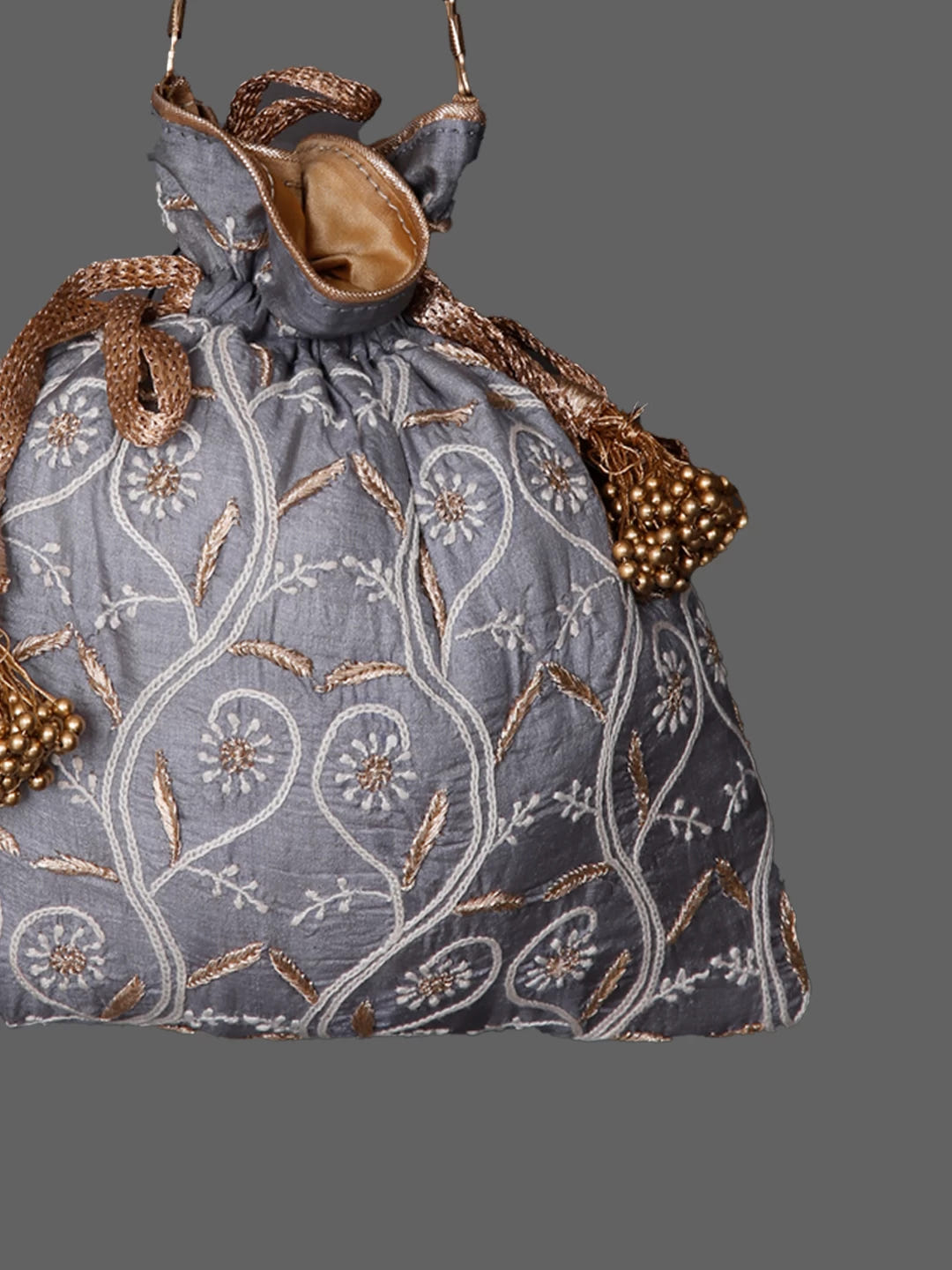 Ada Hand Embroidered Grey Silk Lucknowi Chikankari Potli Bag With Zari Work 01A436581