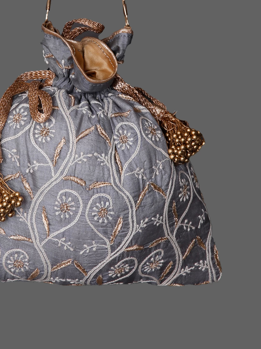 Ada Hand Embroidered Grey Silk Lucknowi Chikankari Potli Bag With Zari Work 01A436581