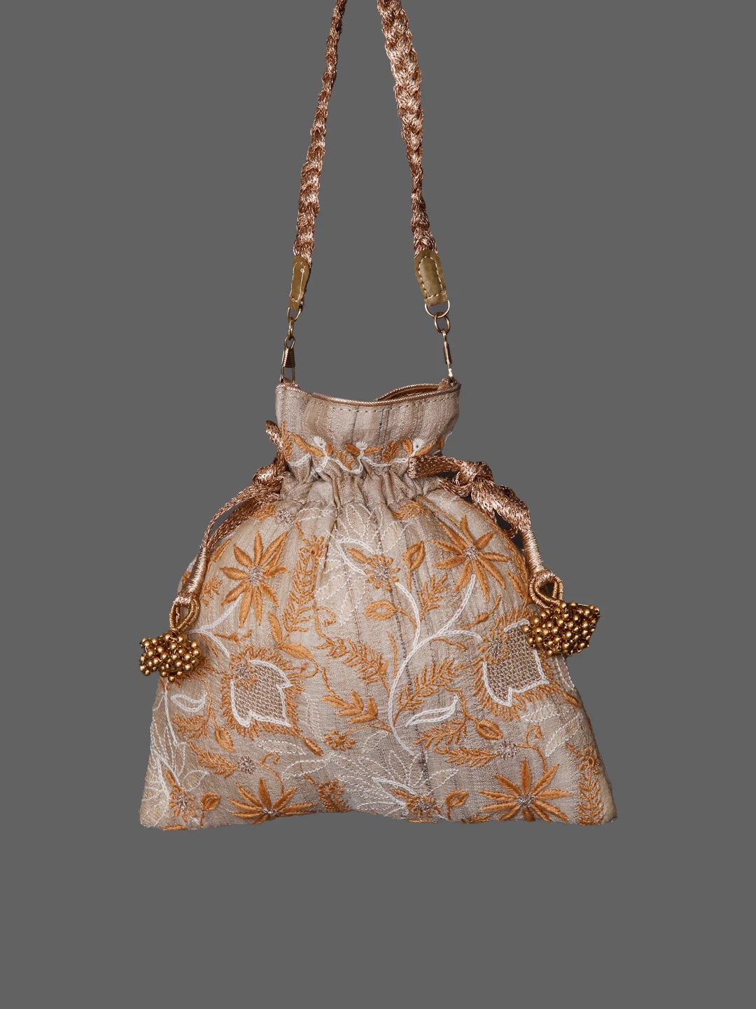 Ada Hand Embroidered Natural Fawn Silk Lucknowi Chikankari Potli Bag With Zari Work 01A436565