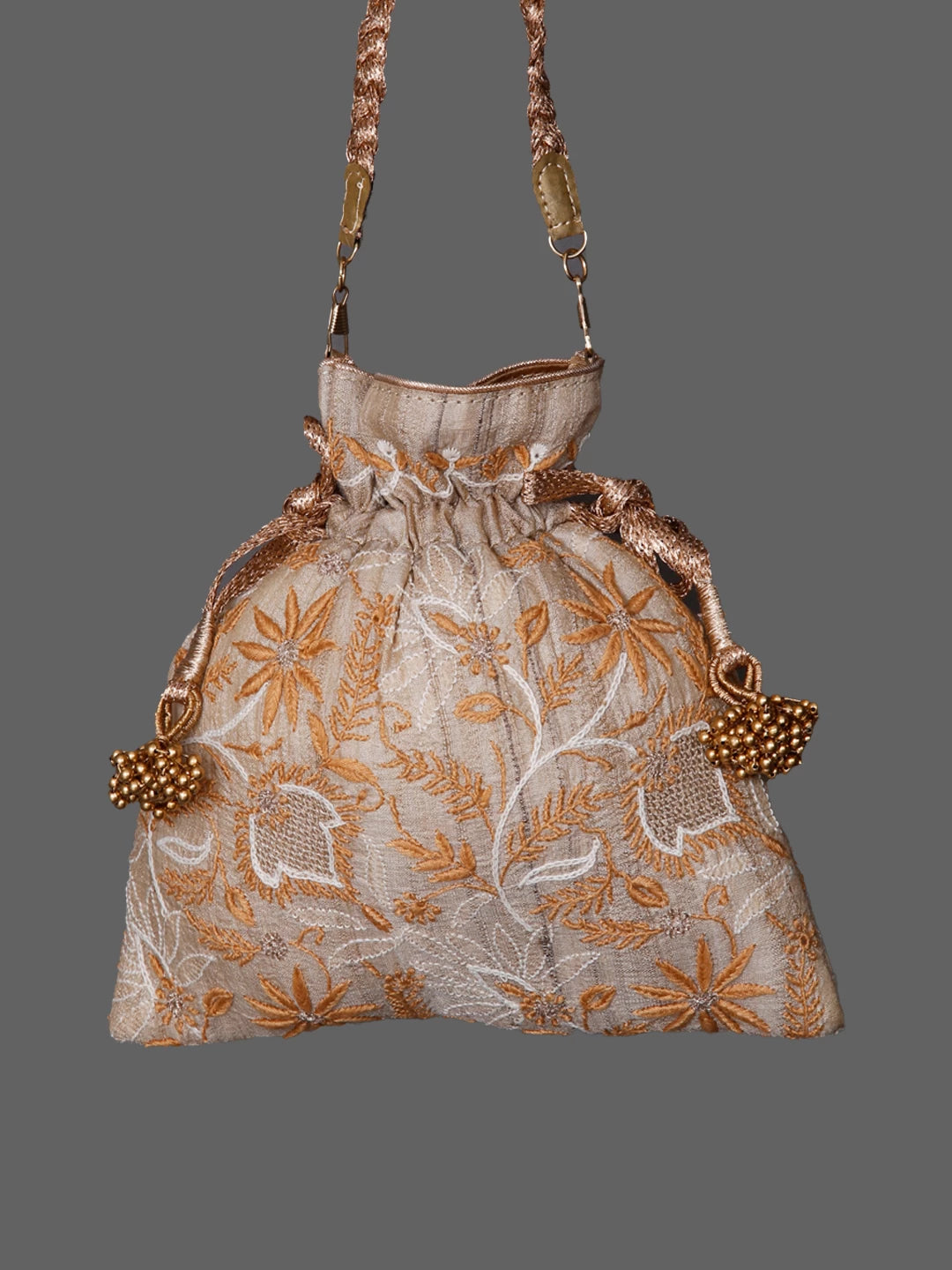 Ada Hand Embroidered Natural Fawn Silk Lucknowi Chikankari Potli Bag With Zari Work 01A436565